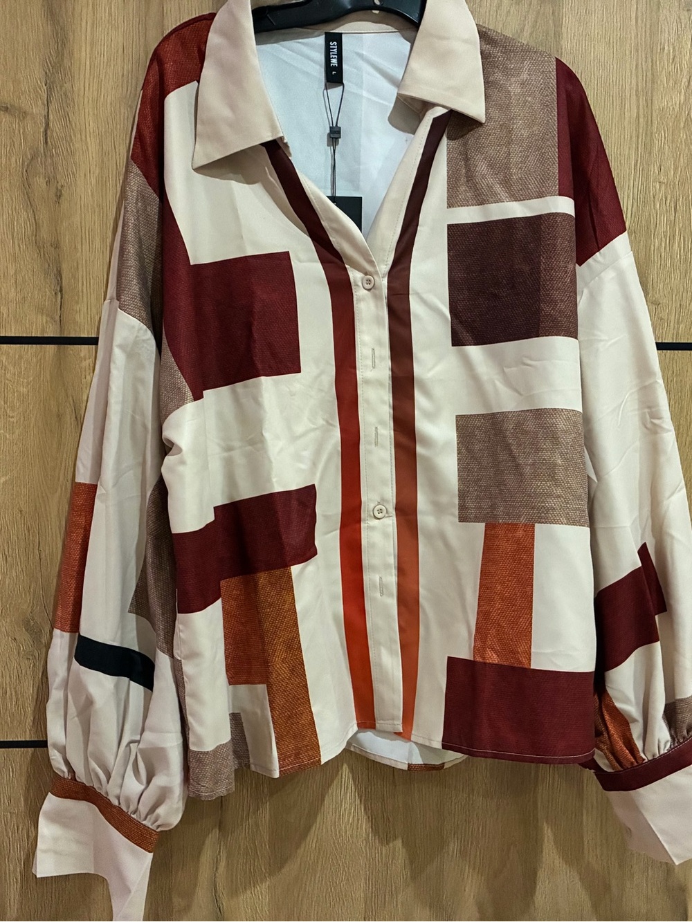 STYLEWE Cream Geometric Button-Down Shirt with Rust & Burgundy Blocks